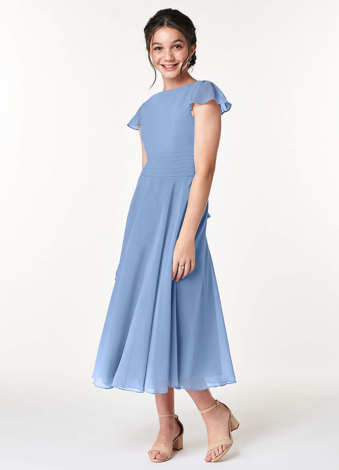 Azazie Payton Junior Steel Blue A-Line Bow Chiffon Dress image3