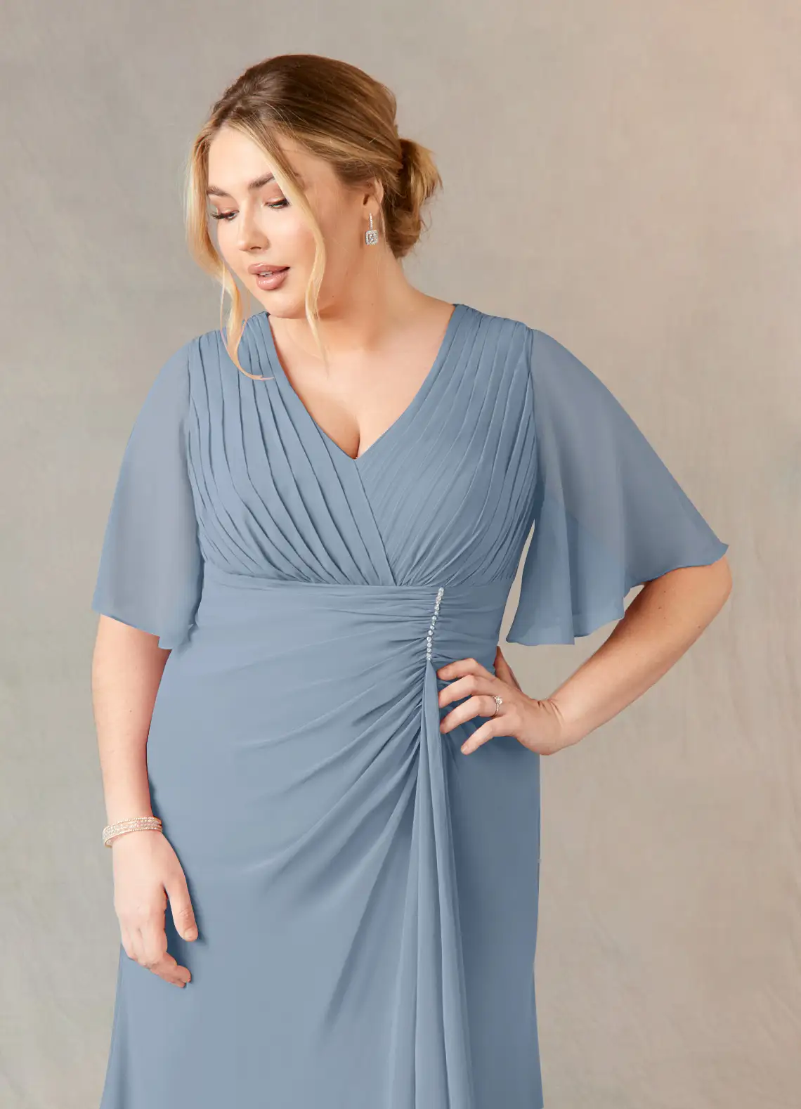 Azazie Carson Mother of the Bride Dresses Dusty Blue A-Line V-Neck Lace Chiffon Dress image9
