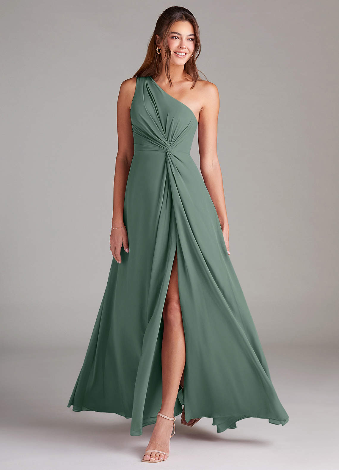 Azazie Brooke Bridesmaid Dresses Eucalyptus A-Line One Shoulder Chiffon Dress image2