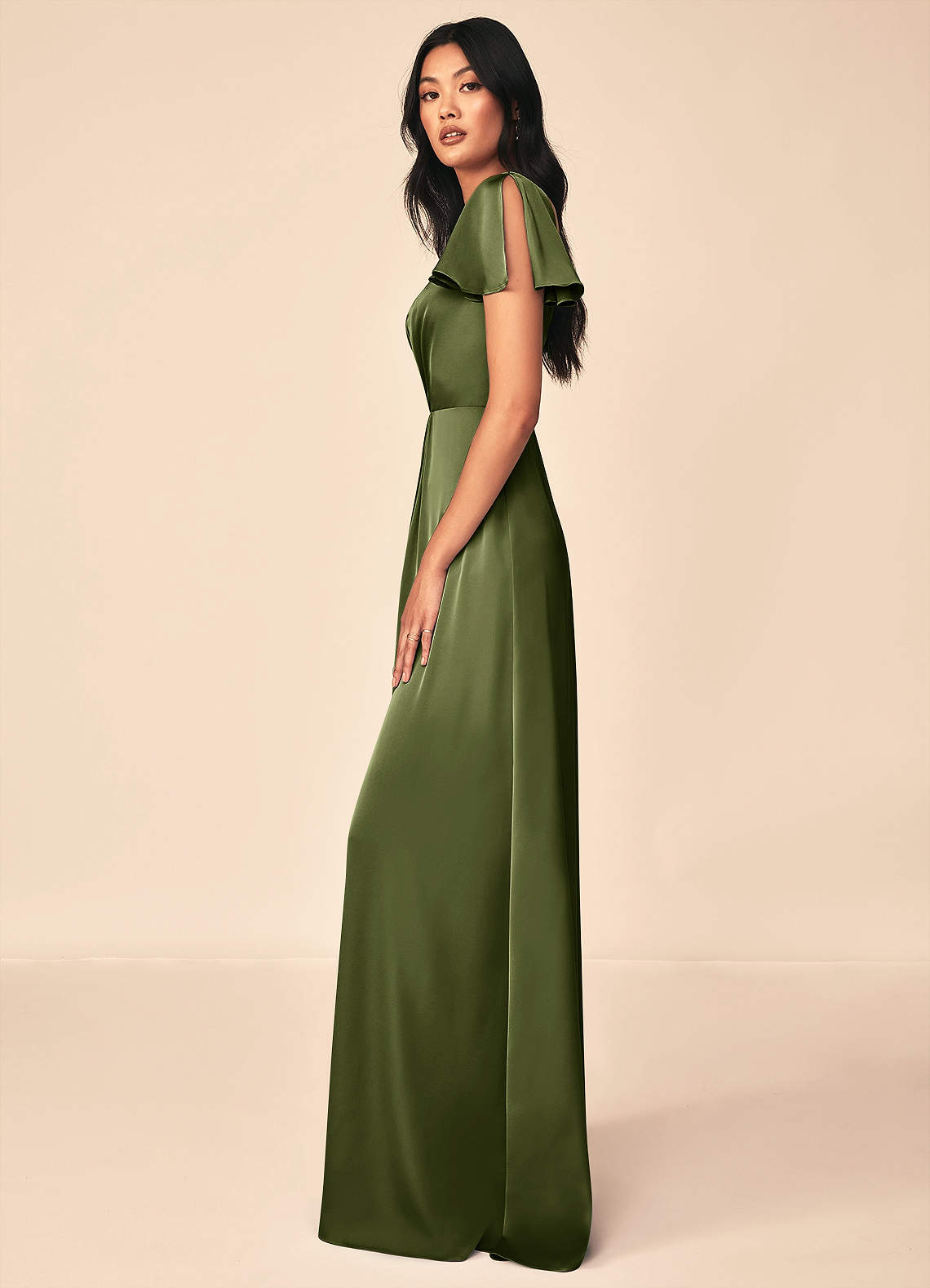 Azazie Soren Bridesmaid Dresses Olive A-Line Pleated Stretch Satin Dress image2