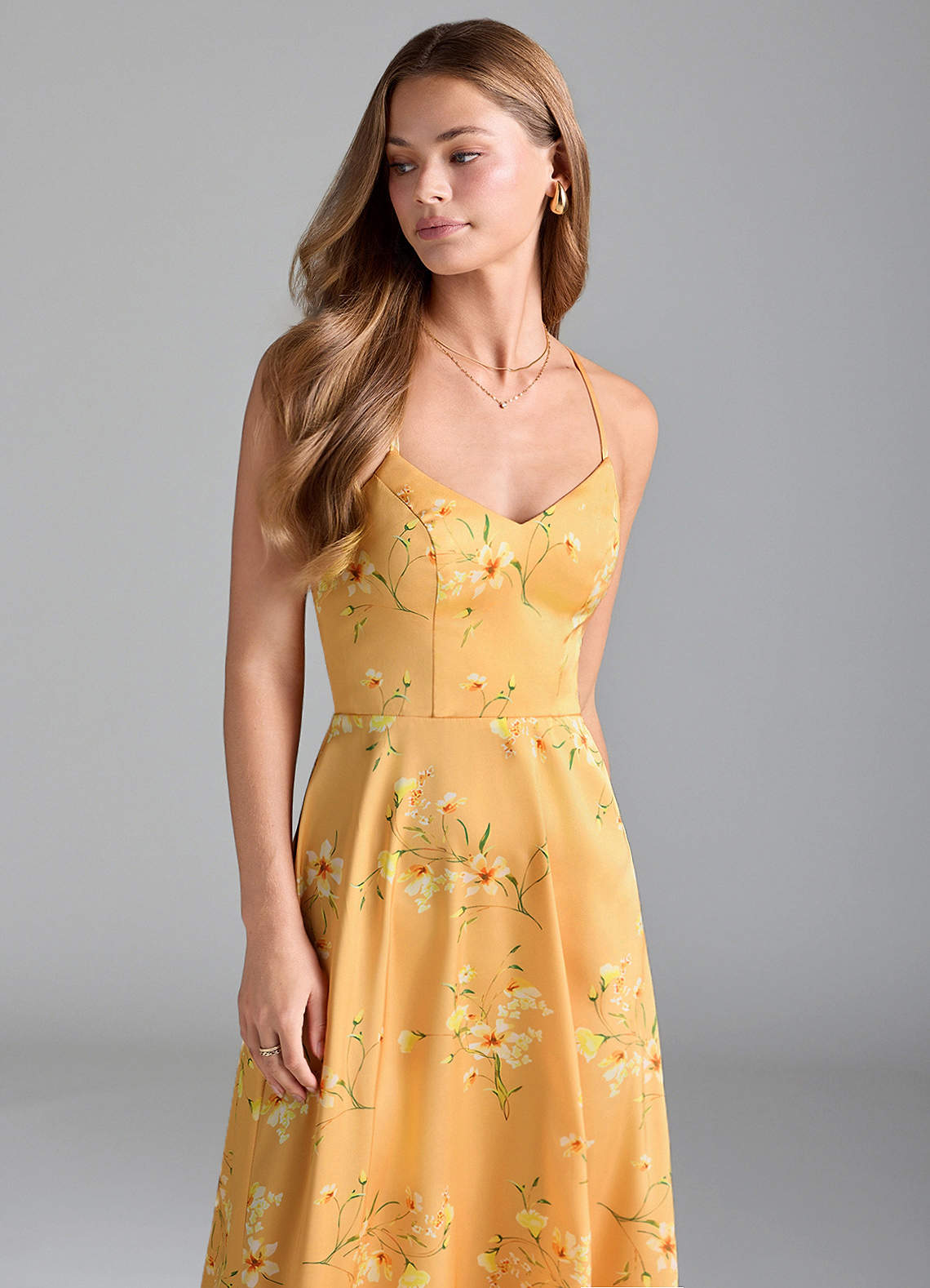 Azazie Mei Bridesmaid Dresses Golden Blooms A-Line V-Neck Stretch Satin Dress image4