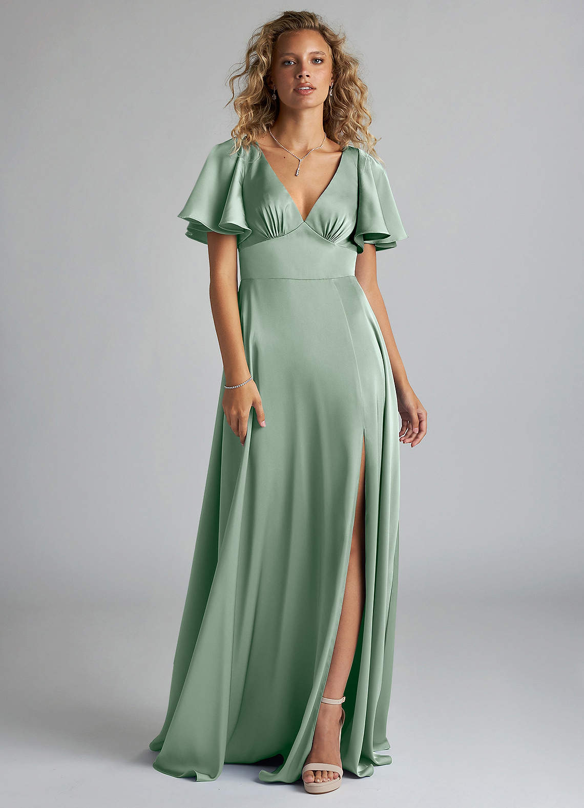 Azazie Kimber At-home Try On Dresses Agave A-Line Ruched Stretch Satin Dress image2