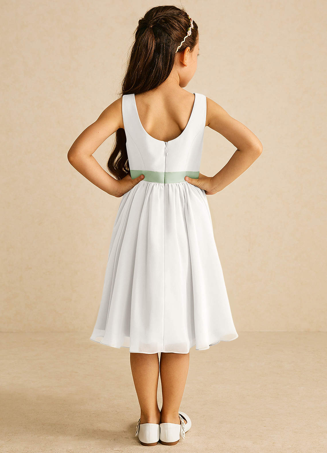 Azazie Elina Flower Girl Dresses Ivory Dusty Sage A-Line Sleeveless Chiffon Dress image5