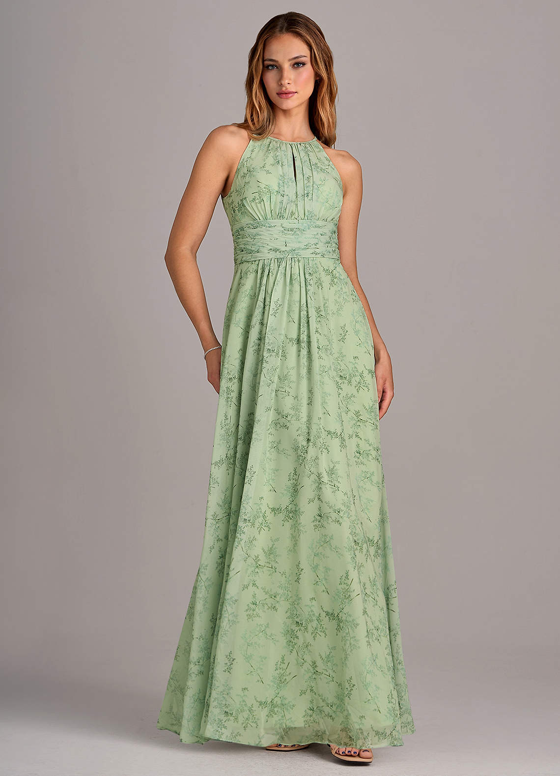 Azazie Bonnie Bridesmaid Dresses Green Fern Floral A-Line Keyhole Ruched Chiffon Dress image2