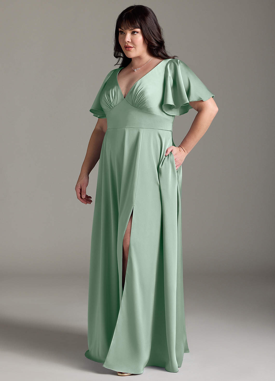 Azazie Kimber At-home Try On Dresses Agave A-Line Ruched Stretch Satin Dress image9