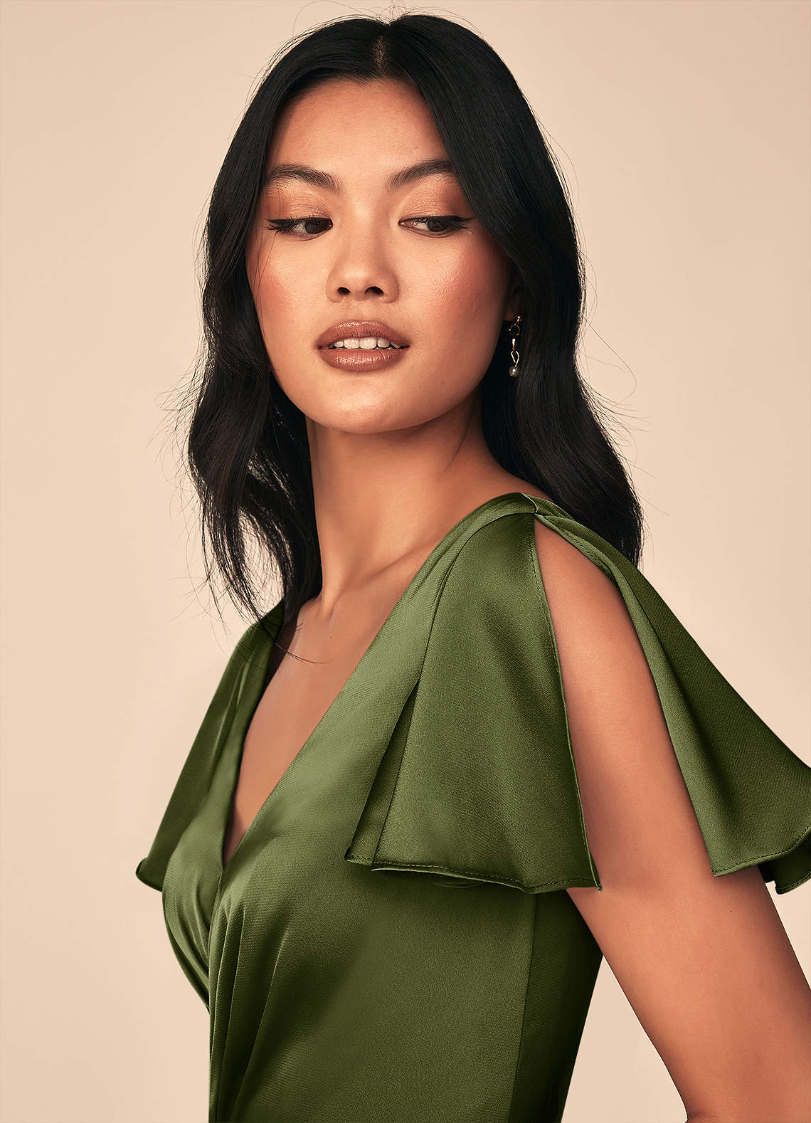 Azazie Soren Bridesmaid Dresses Olive A-Line Pleated Stretch Satin Dress image5
