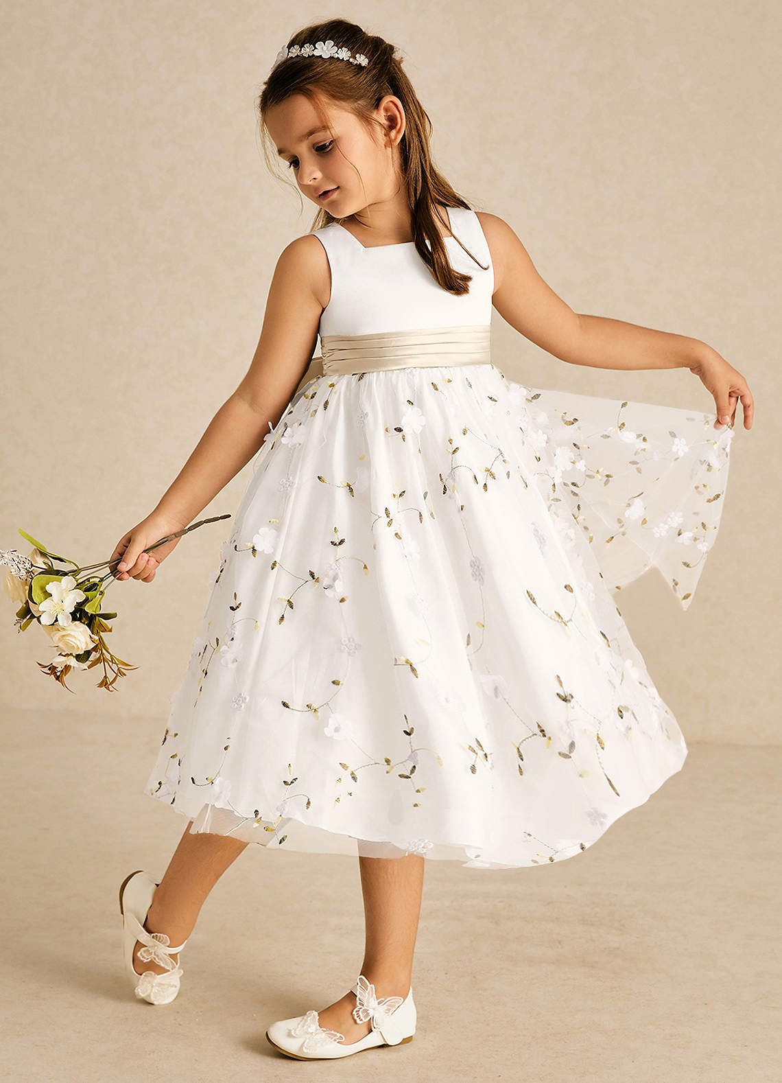 Azazie Pollie Flower Girl Dresses Ivory Champagne A-Line Bow Tulle Dress image1