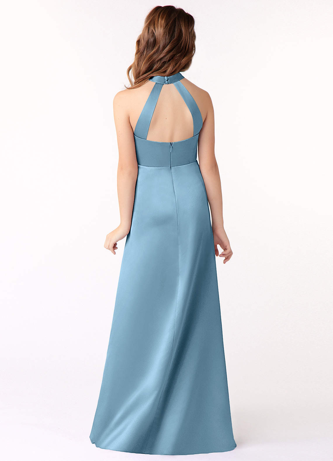 Azazie Laurel Junior Steel Blue A-Line Stretch Satin Dress image2