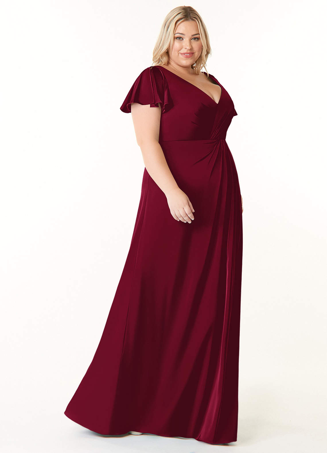 Azazie Soren Bridesmaid Dresses Burgundy A-Line Pleated Stretch Satin Dress image9