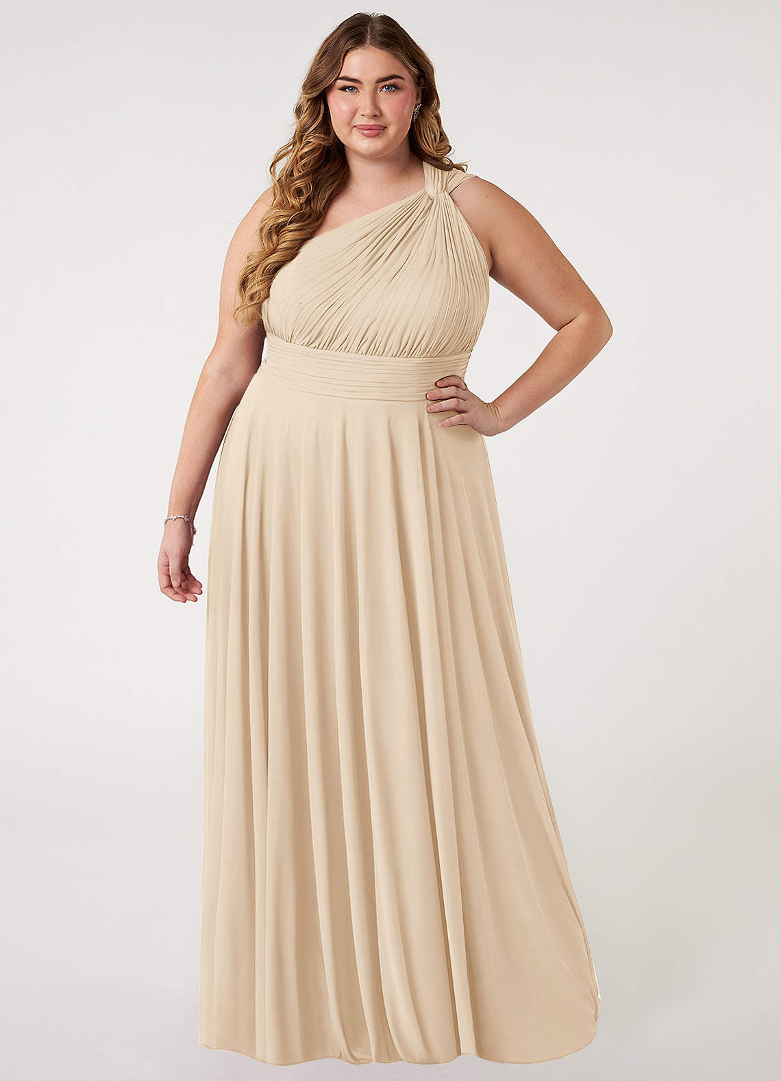 Azazie Charlize Bridesmaid Dresses Champagne A-Line One Shoulder Mesh Dress image5
