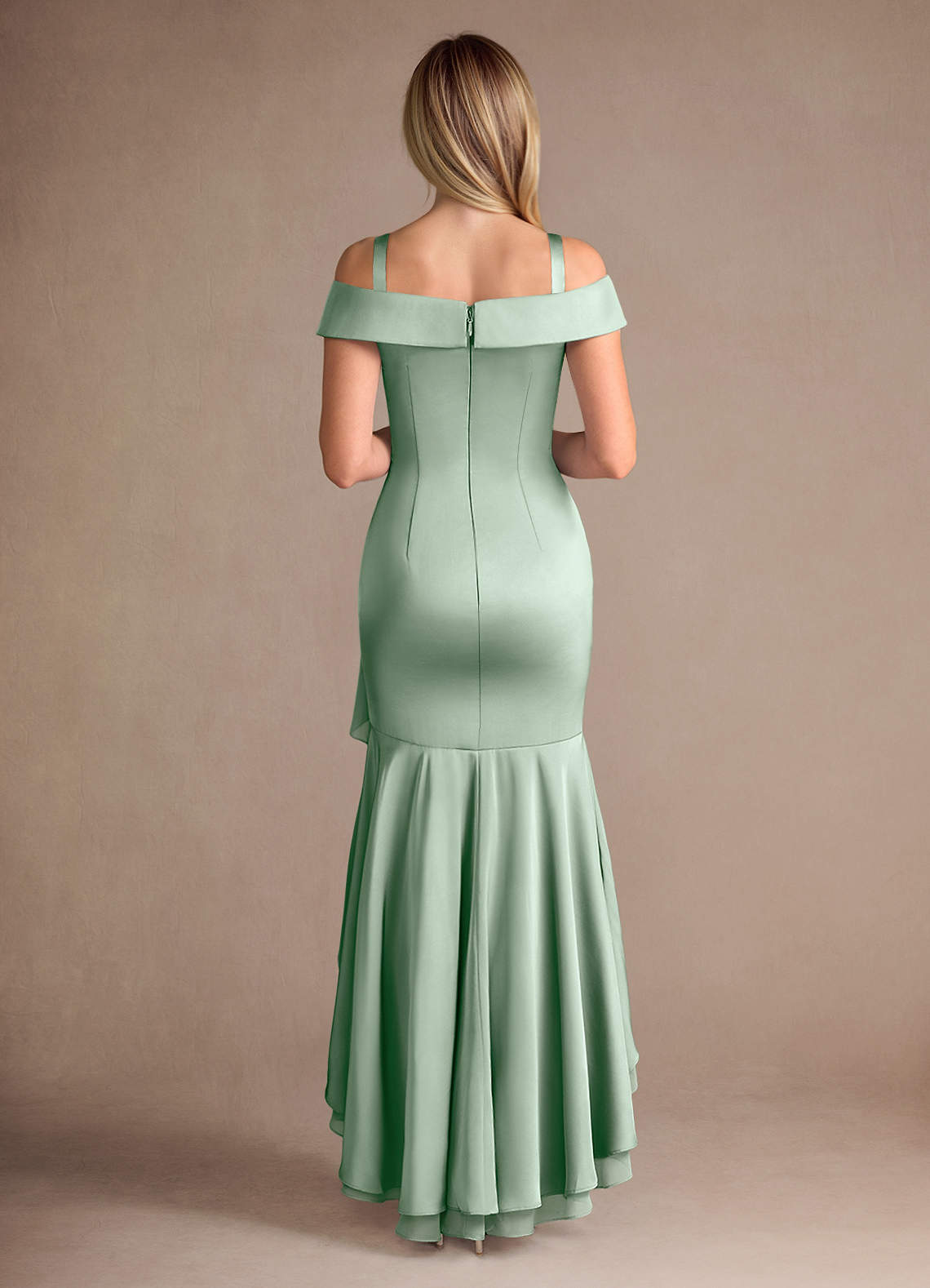 Azazie Billings Mother of the Bride Dresses Agave Mermaid Off the Shoulder Stretch Satin Dress image7