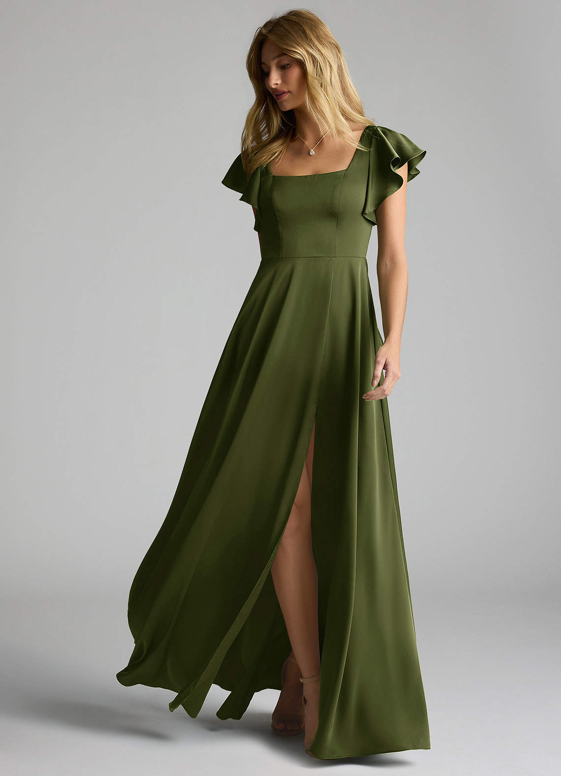 Azazie Bondi Bridesmaid Dresses Olive A-Line Bow Stretch Satin Dress image5