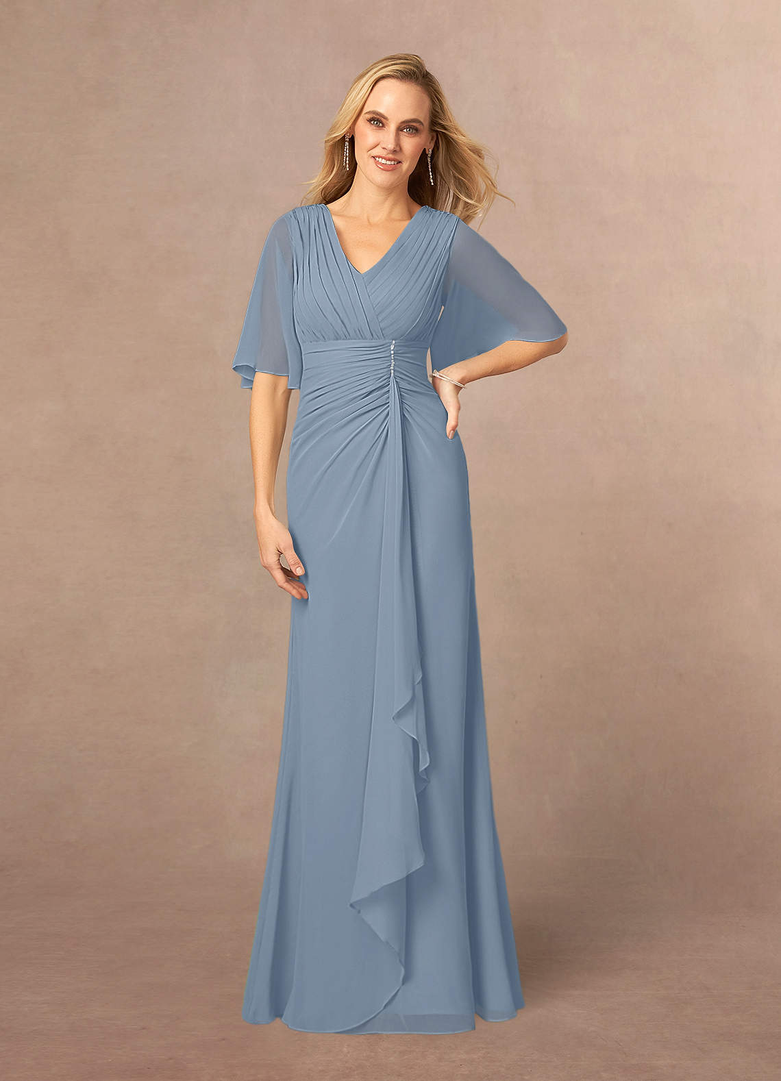 Azazie Carson Mother of the Bride Dresses Dusty Blue A-Line V-Neck Lace Chiffon Dress image1
