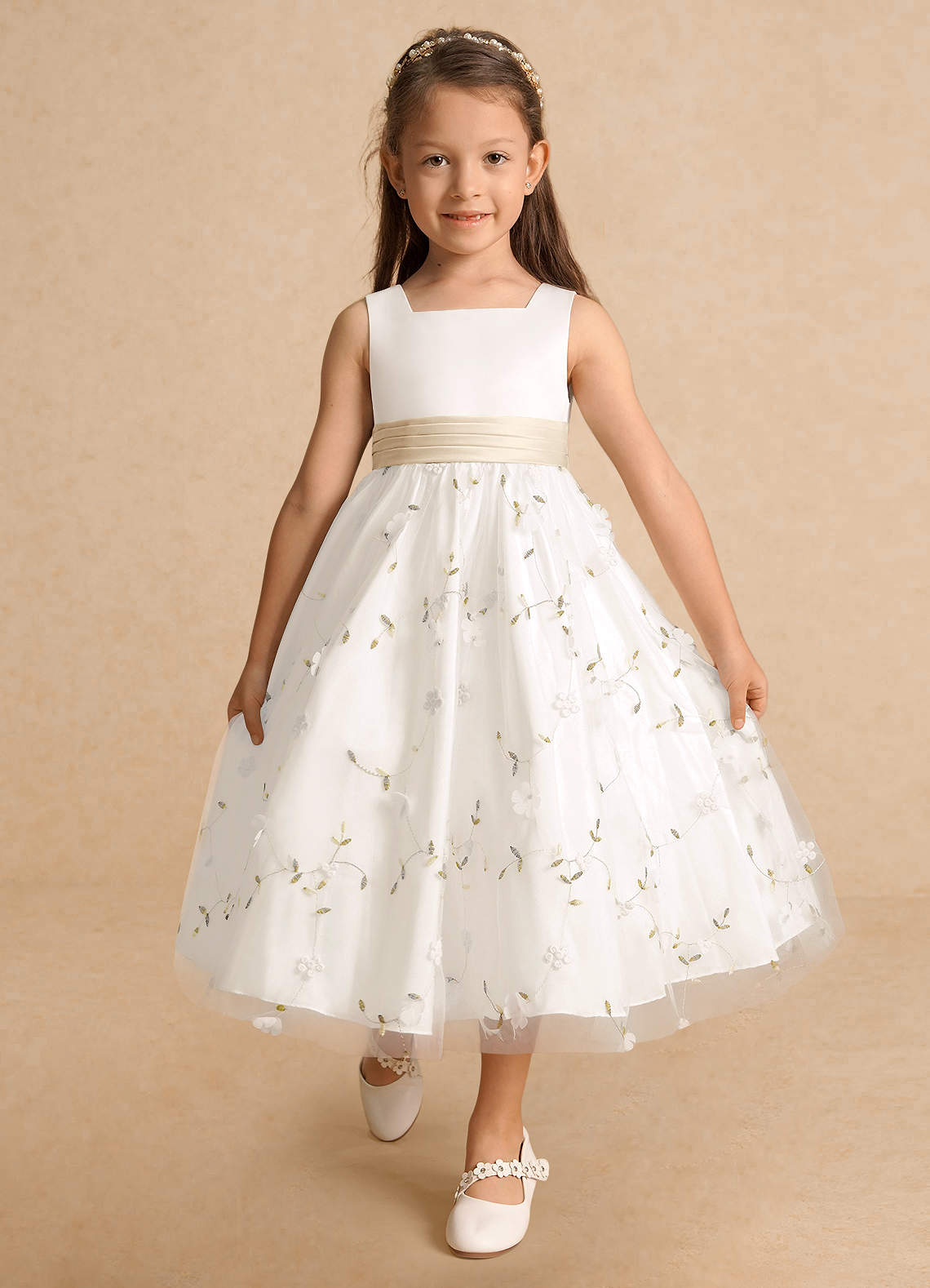 Azazie Pollie Flower Girl Dresses Ivory Champagne A-Line Bow Tulle Dress image9