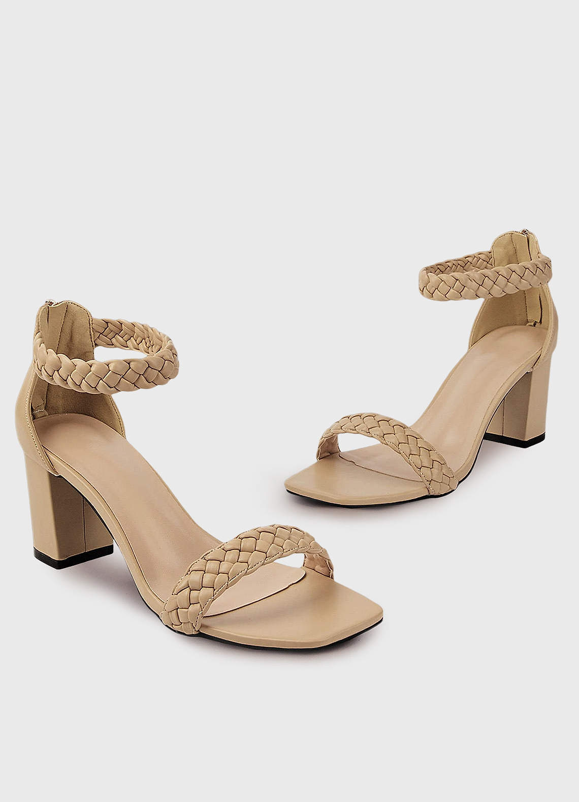 front Woven Zipper Block Heels