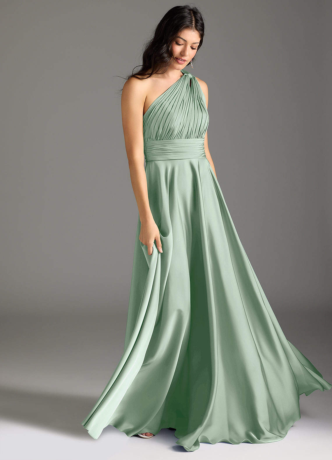 Azazie Charlize At-home Try On Dresses Agave A-Line One Shoulder Stretch Satin Dress image2