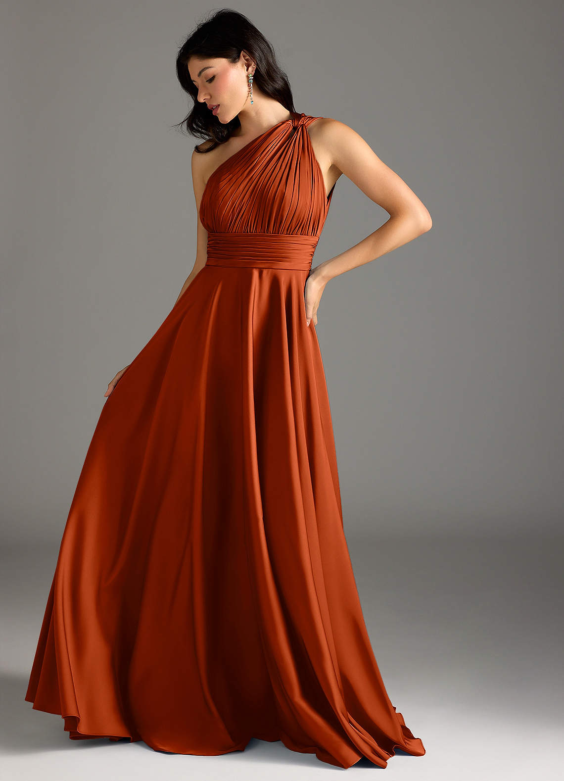 Azazie Charlize Bridesmaid Dresses Paprika A-Line One Shoulder Stretch Satin Dress image4
