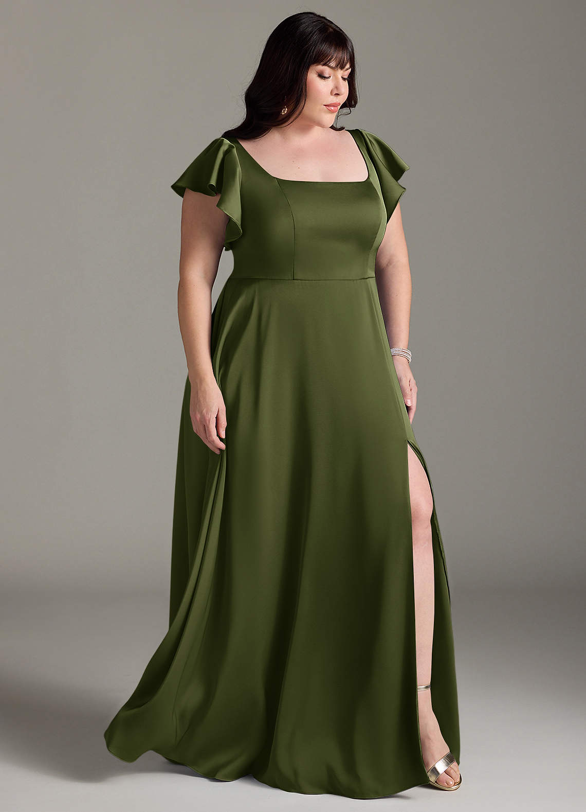 Azazie Bondi Bridesmaid Dresses Olive A-Line Bow Stretch Satin Dress image9