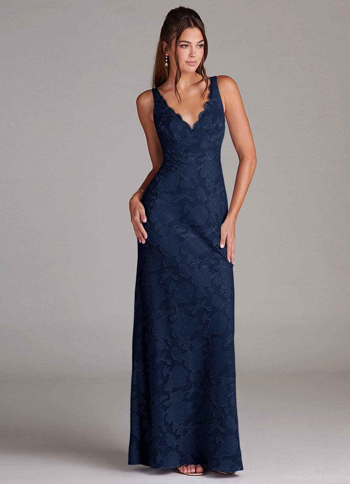 Azazie Tianna Bridesmaid Dresses Dark Navy Sheath Lace Floral Burnout Dress image2