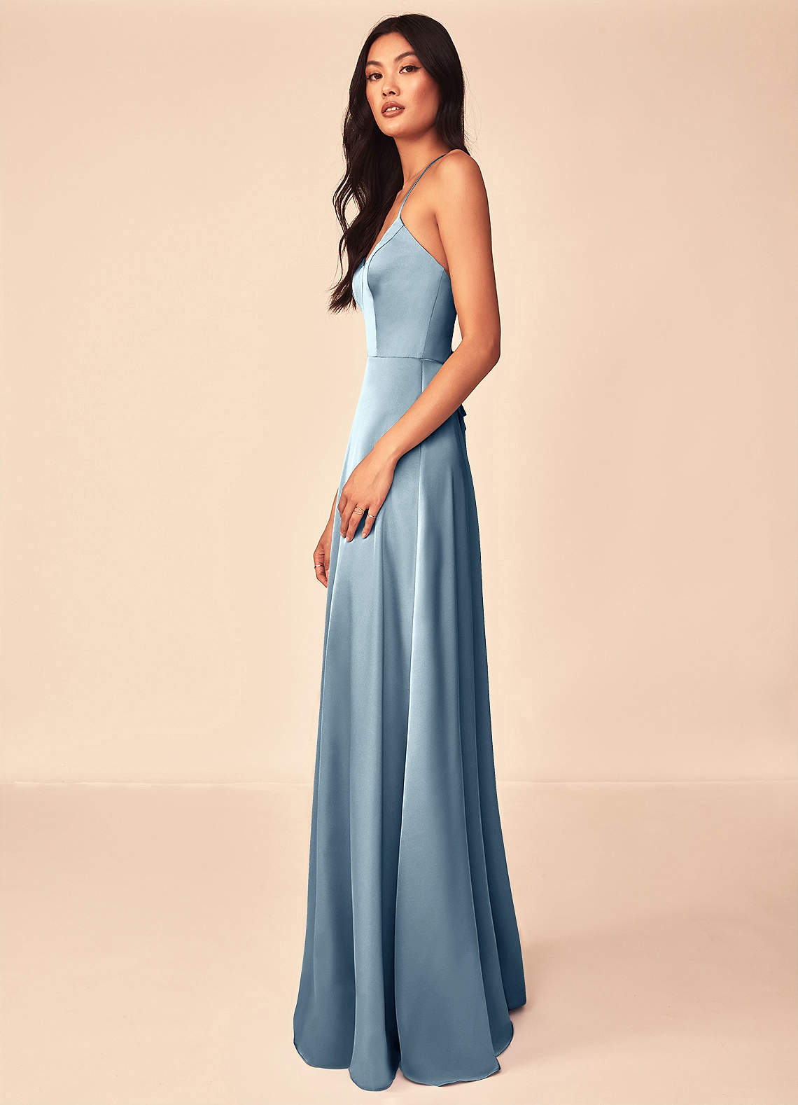 Azazie Mei Bridesmaid Dresses Dusty Blue A-Line V-Neck Stretch Satin Dress image3