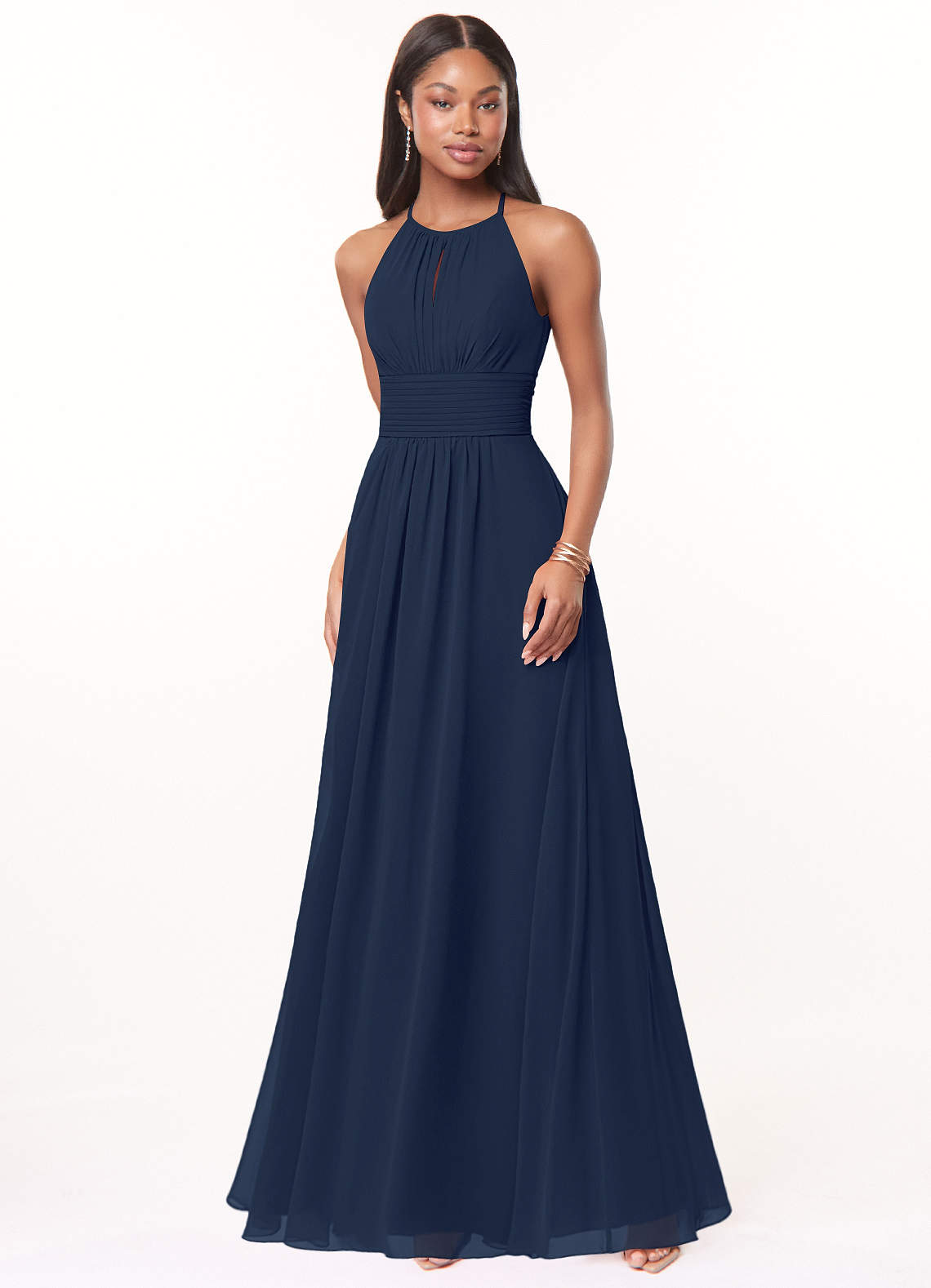 Azazie Bonnie At-home Try On Dresses Dark Navy A-Line Keyhole Ruched Chiffon Dress image1