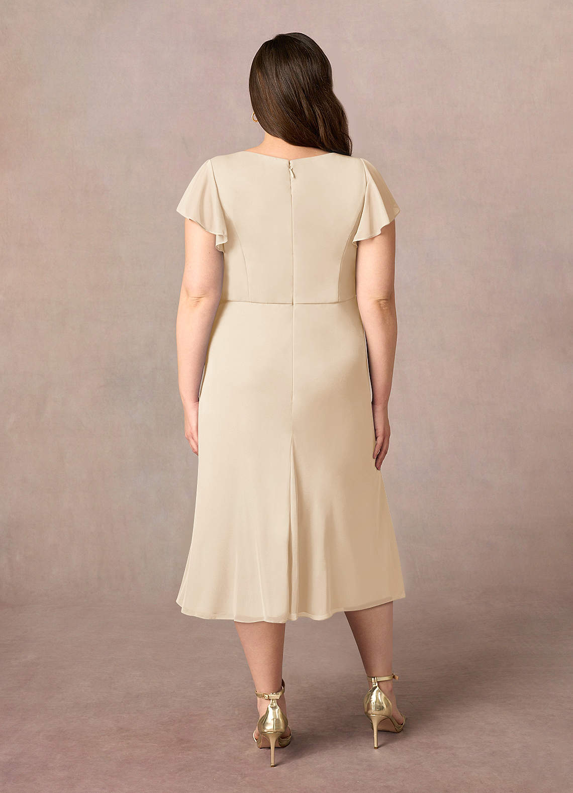 Azazie Vera Mother of the Bride Dresses Champagne A-Line V-Neck Pleated Mesh Dress image8