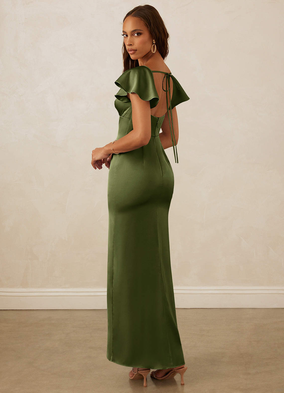 Christian Siriano Bridal for Azazie 1005 Bridesmaid Dresses Flutter Sleeve Stretch Satin Sheath Dress image7