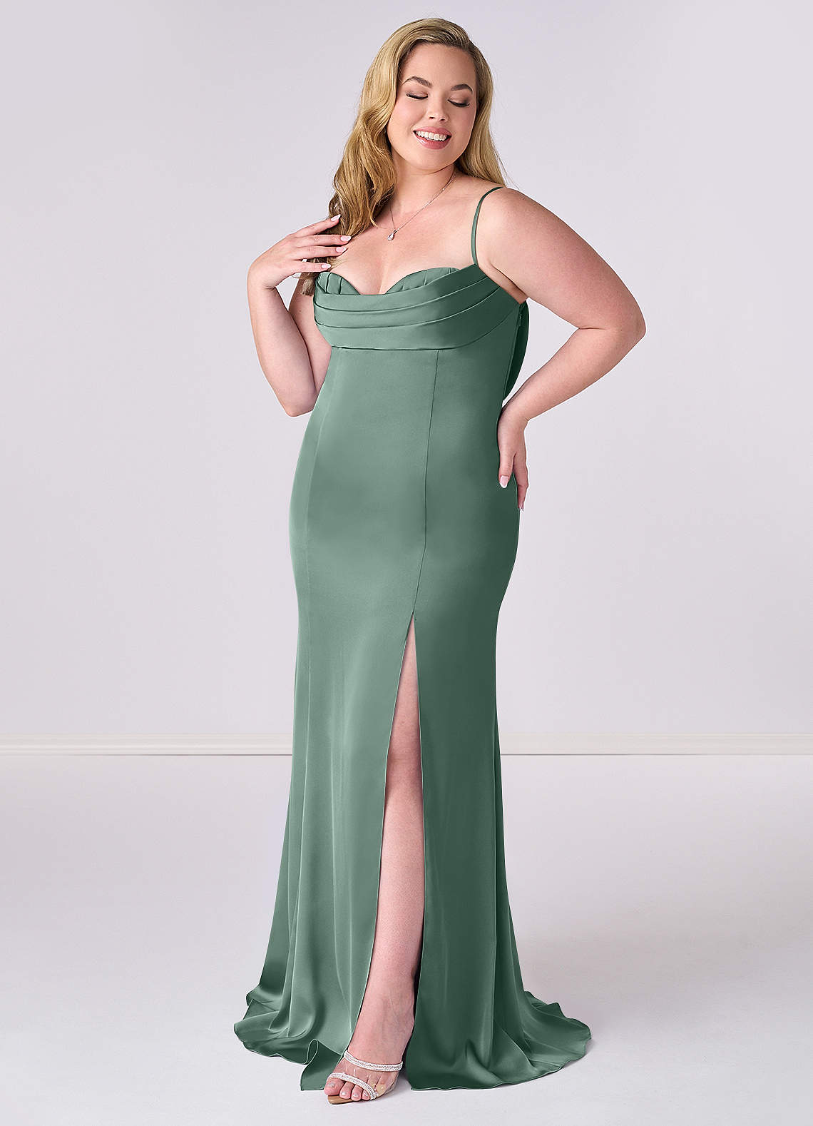 Barbie ♥ Azazie Bridesmaid Dresses Pleated Lace Up Mermaid Stretch Satin Dress image8