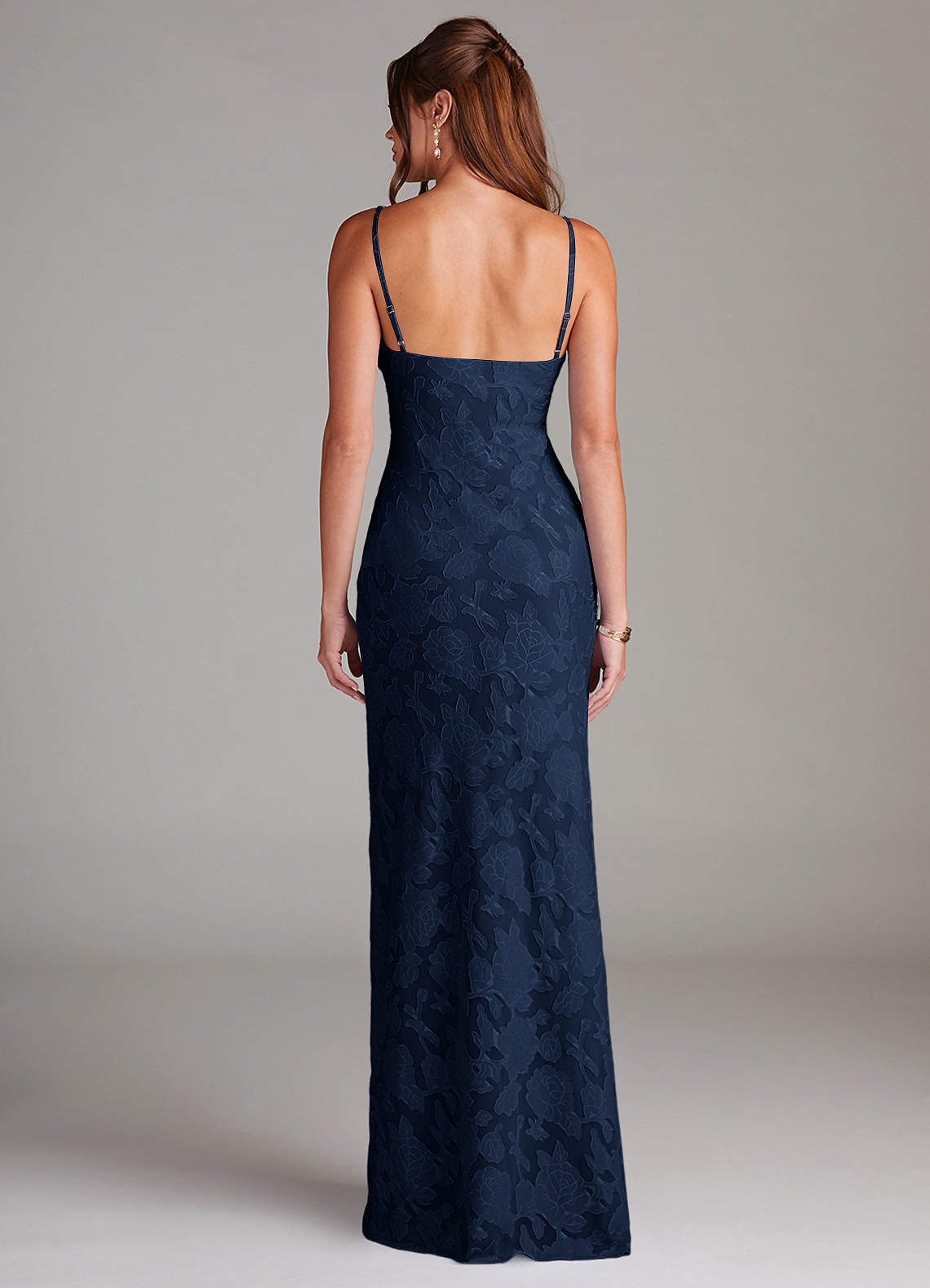 Azazie Tianna Bridesmaid Dresses Dark Navy Sheath Lace Floral Burnout Dress image1