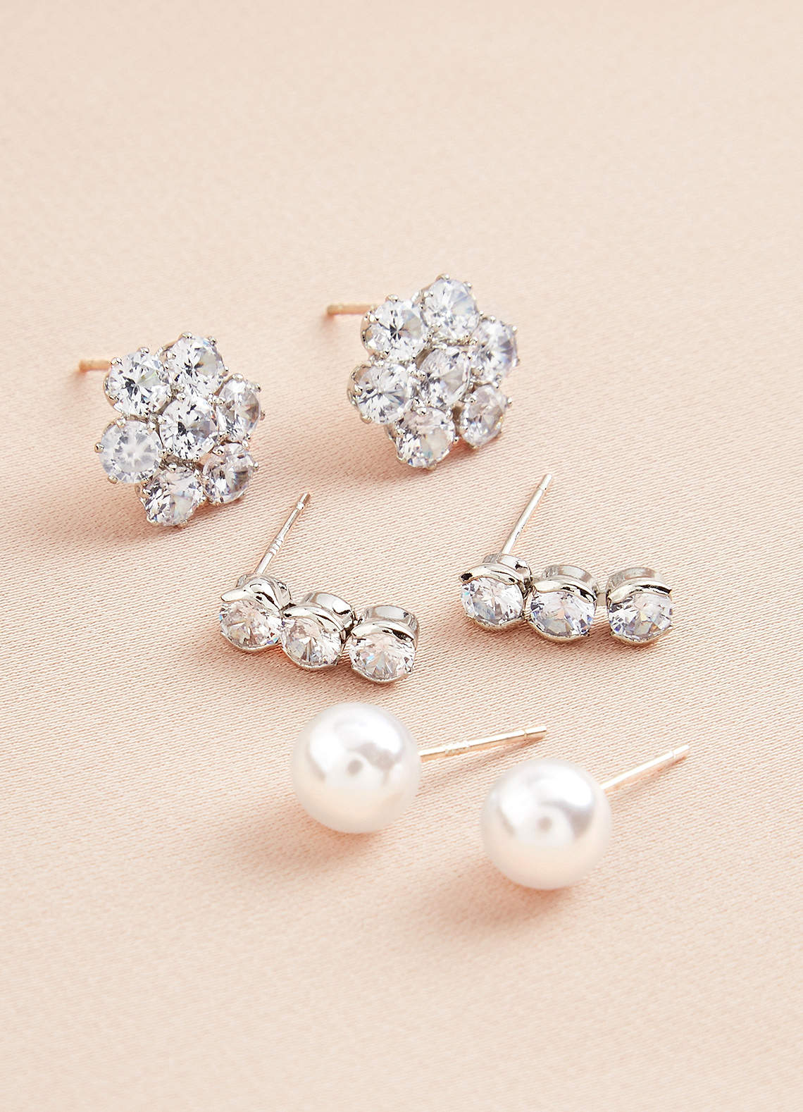front Three-Piece Rhinestone and Pearl Stud Set