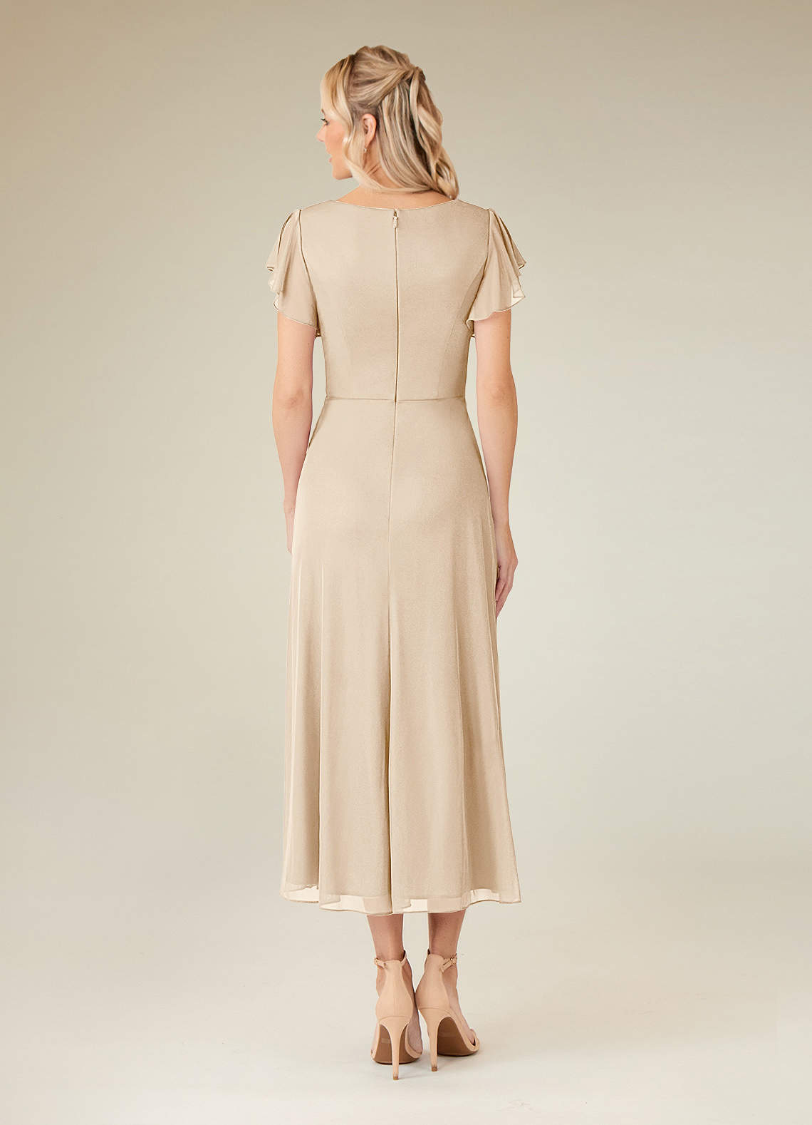 Azazie Vera Mother of the Bride Dresses Champagne A-Line V-Neck Pleated Mesh Dress image3