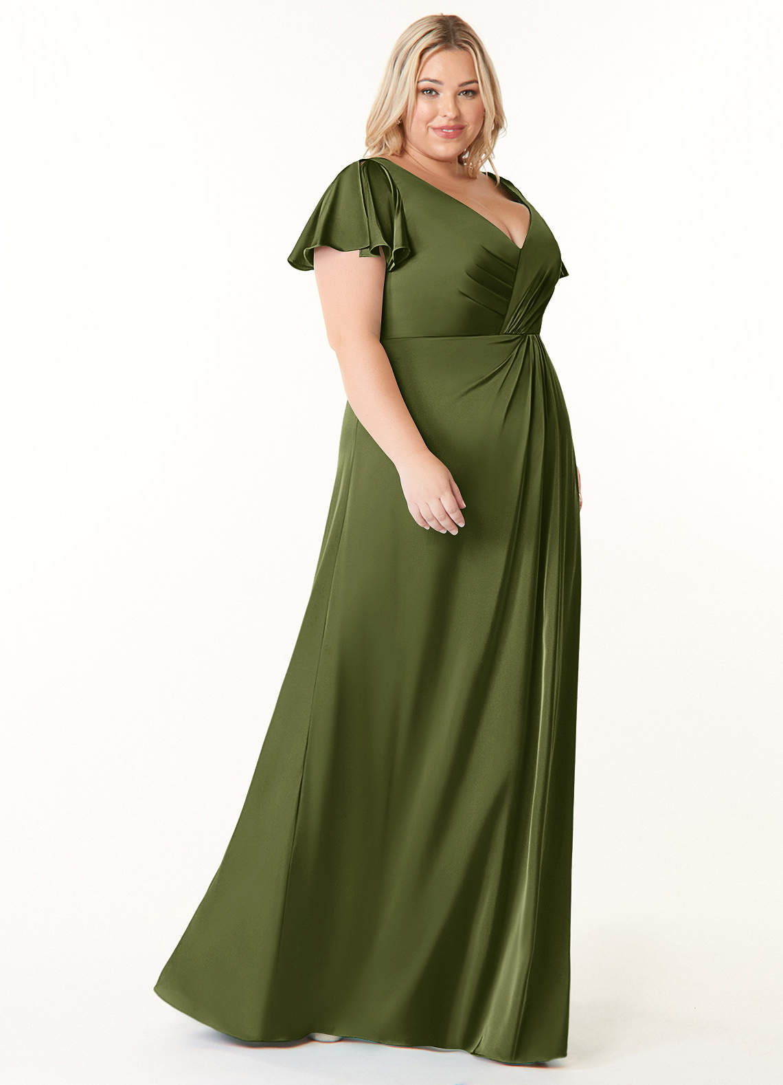 Azazie Soren Bridesmaid Dresses Olive A-Line Pleated Stretch Satin Dress image9