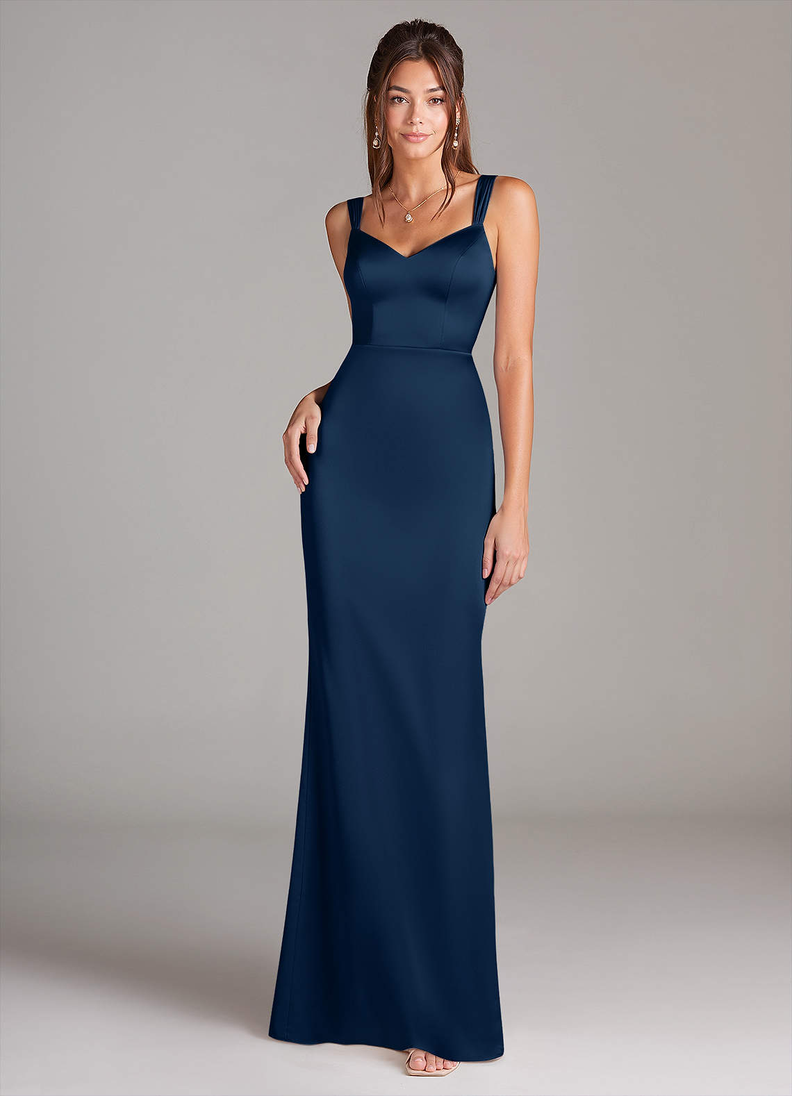Azazie Denice Bridesmaid Dresses Dark Navy Sheath Pleated Stretch Satin Dress image2