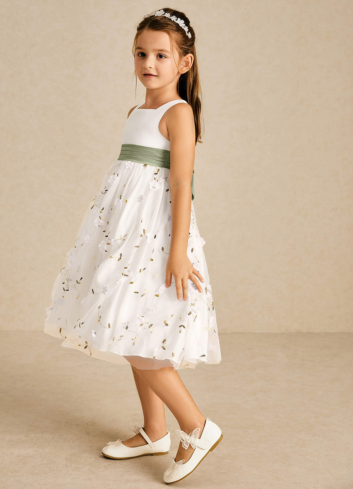 Azazie Pollie Flower Girl Dresses Ivory Pistachio A-Line Bow Tulle Dress image4