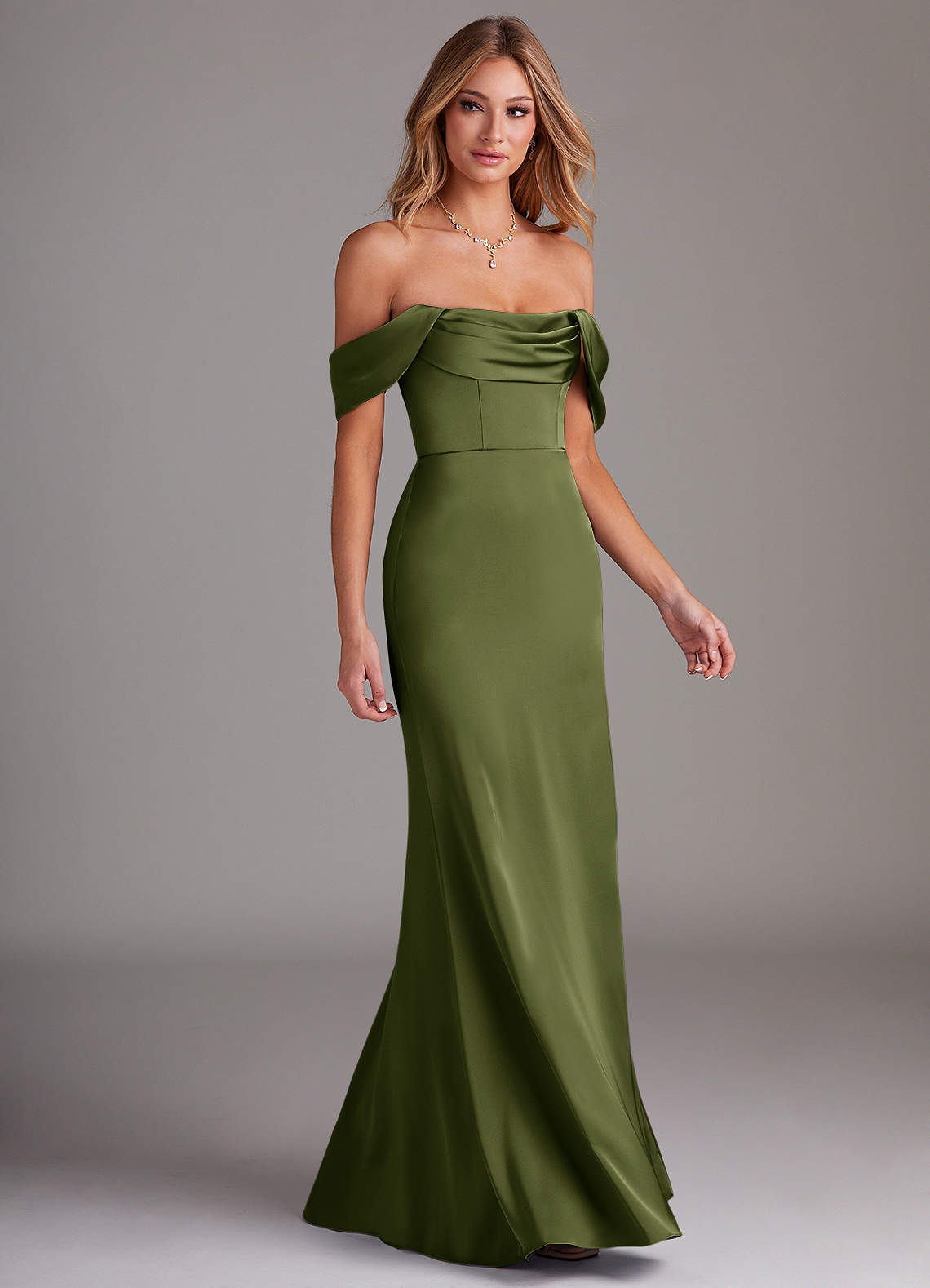Azazie Saige Bridesmaid Dresses Olive Sheath Off the Shoulder Stretch Satin Dress image5