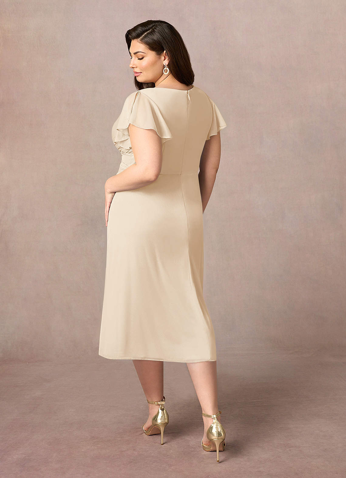 Azazie Vera Mother of the Bride Dresses Champagne A-Line V-Neck Pleated Mesh Dress image7