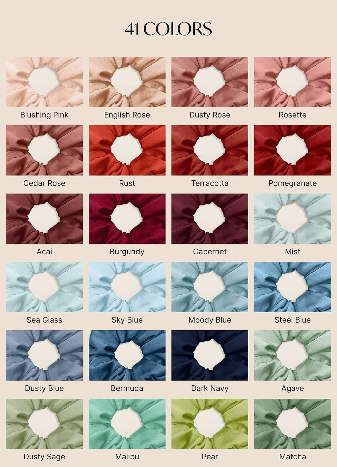 front Matching Color Six-Piece Bridesmaid Stretch Satin Over Size Scrunchie Set