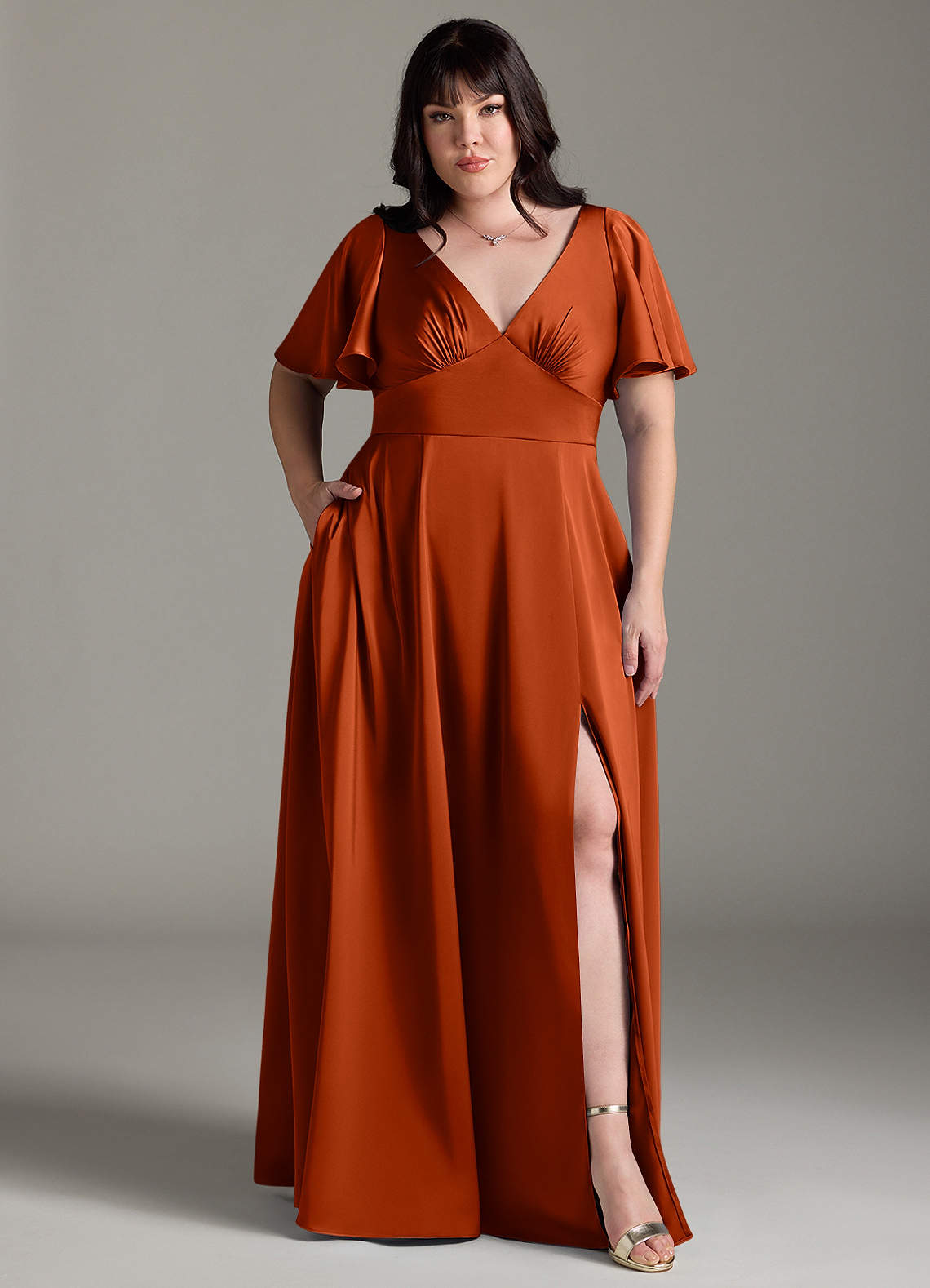 Azazie Kimber Bridesmaid Dresses Paprika A-Line Ruched Stretch Satin Dress image6