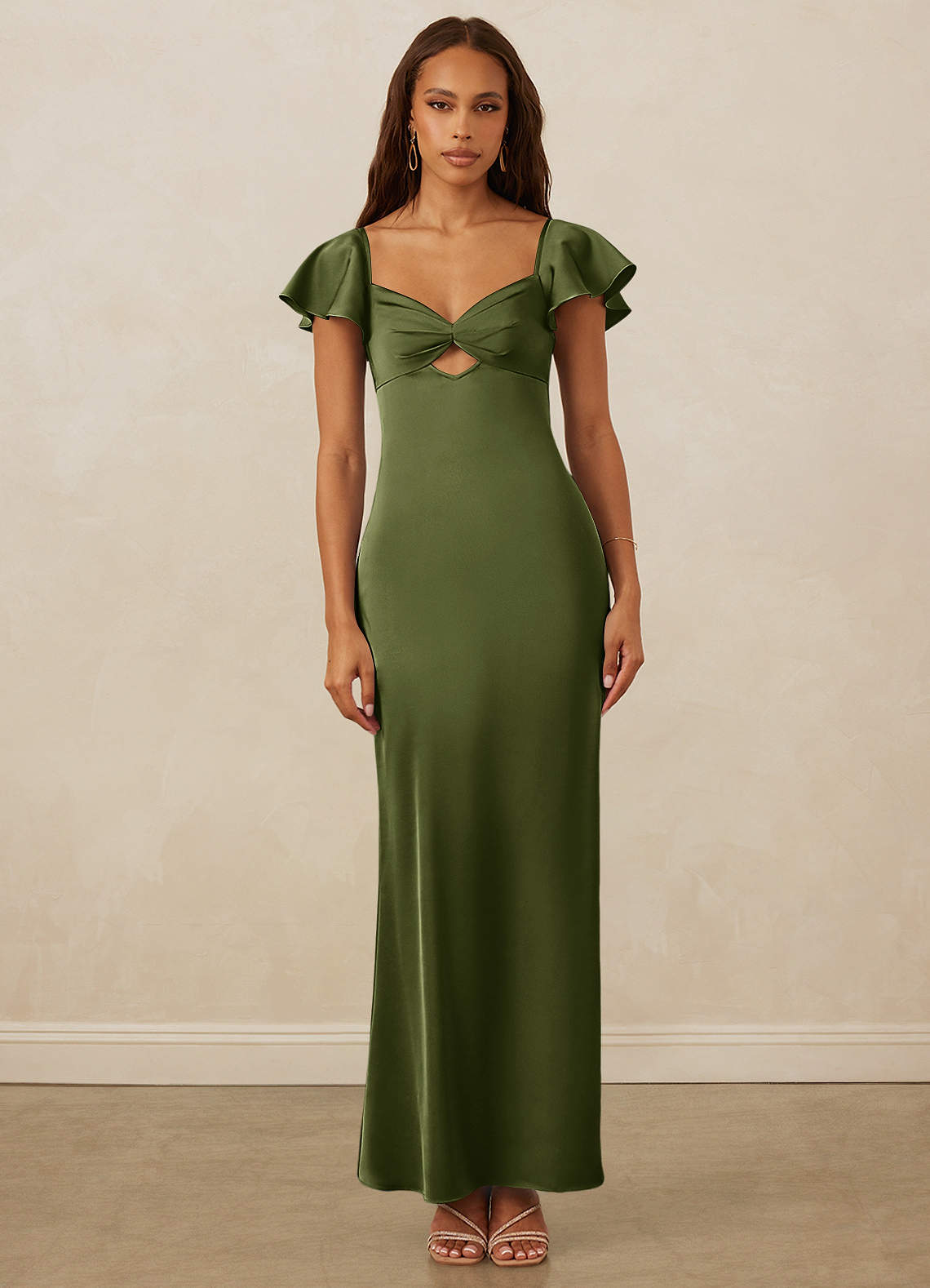 Christian Siriano Bridal for Azazie 1005 Bridesmaid Dresses Flutter Sleeve Stretch Satin Sheath Dress image1