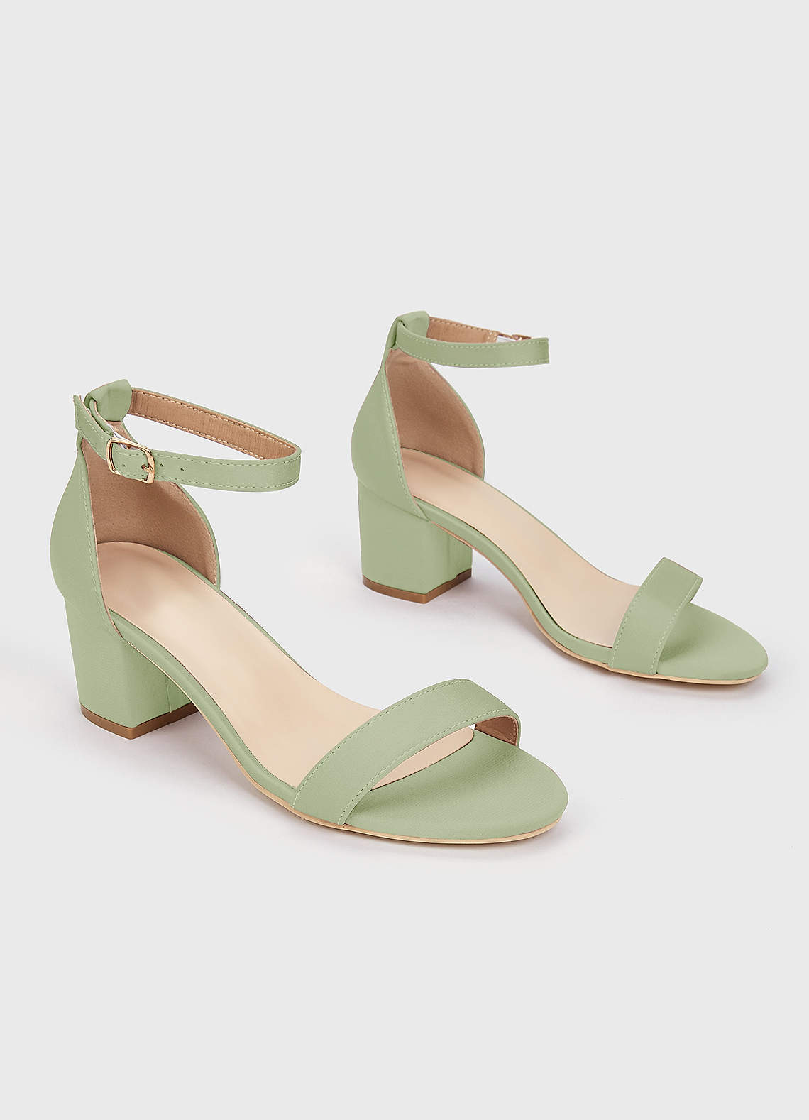 front Matching Color Stretch Satin One Strap Buckle Block Low Heel Sandals