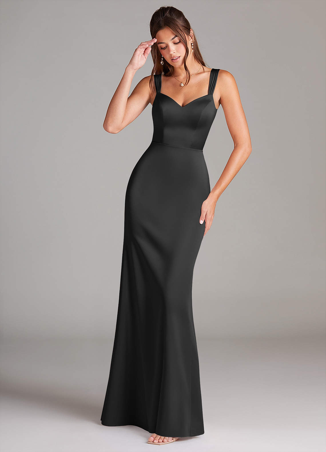 Azazie Denice At-home Try On Dresses Black Sheath Pleated Stretch Satin Dress image1