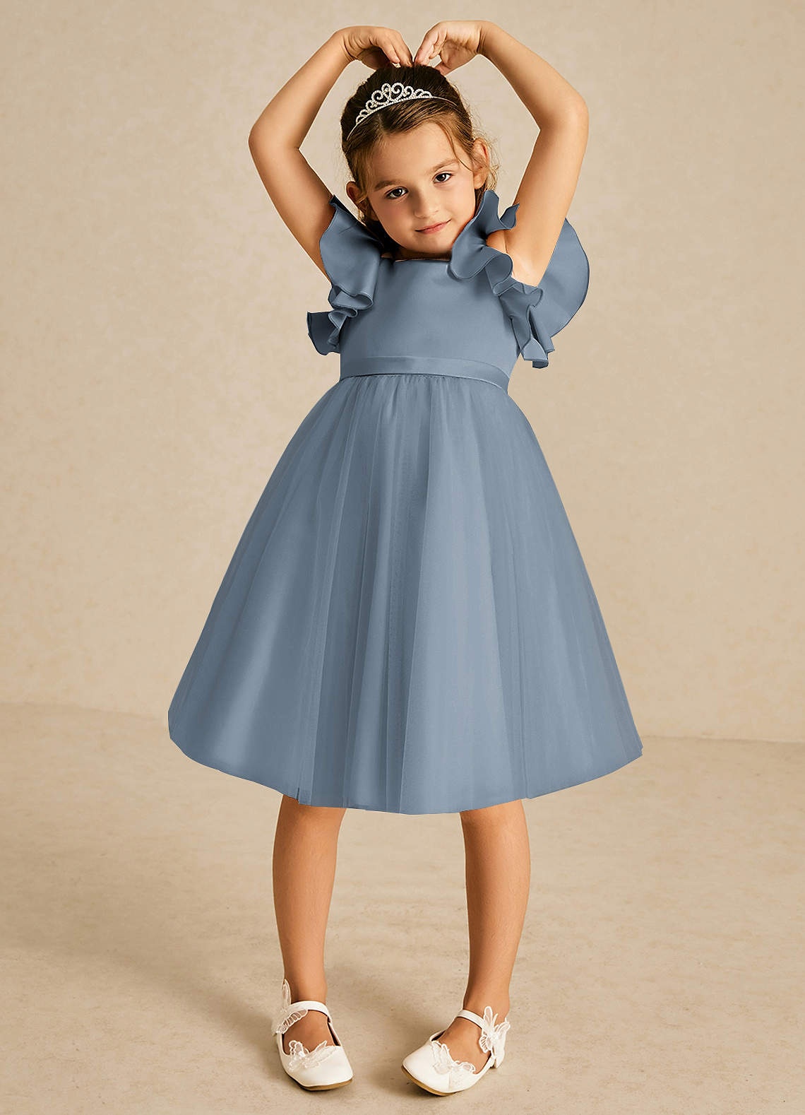 Azazie Kaeya Flower Girl Dresses Dusty Blue A-Line Bow Tulle Dress image2