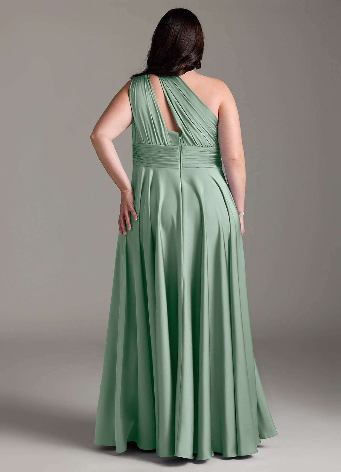 Azazie Charlize At-home Try On Dresses Agave A-Line One Shoulder Stretch Satin Dress image9
