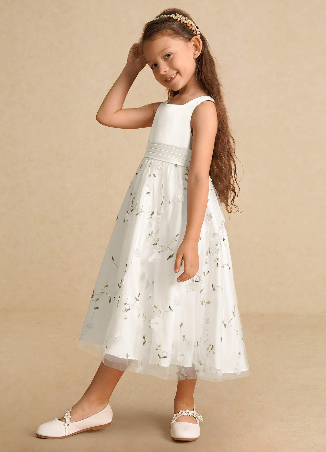 Azazie Pollie Flower Girl Dresses Ivory A-Line Bow Tulle Dress image4