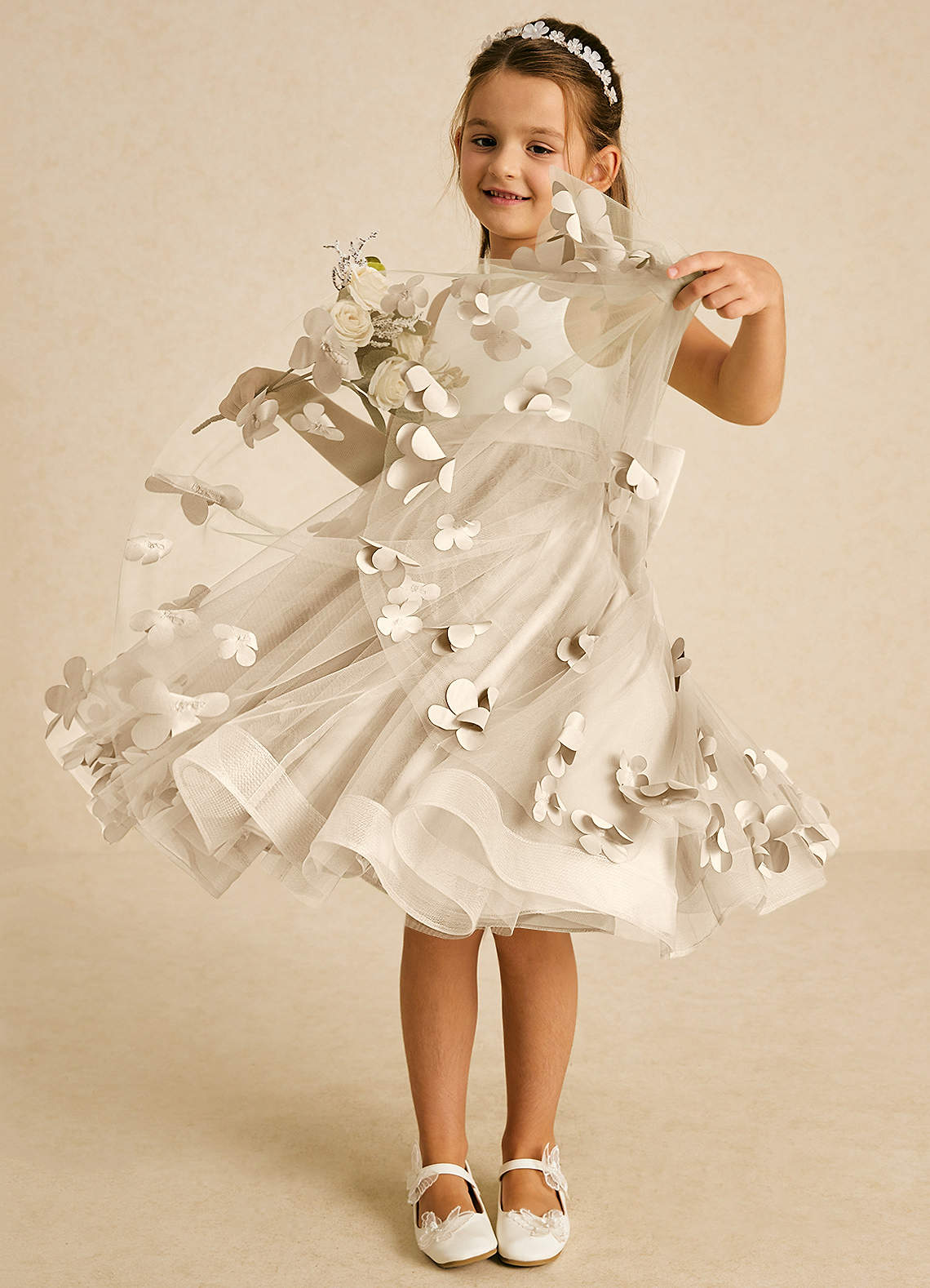 Azazie Sprout Flower Girl Dresses Champagne A-Line Bow Tulle Dress image2
