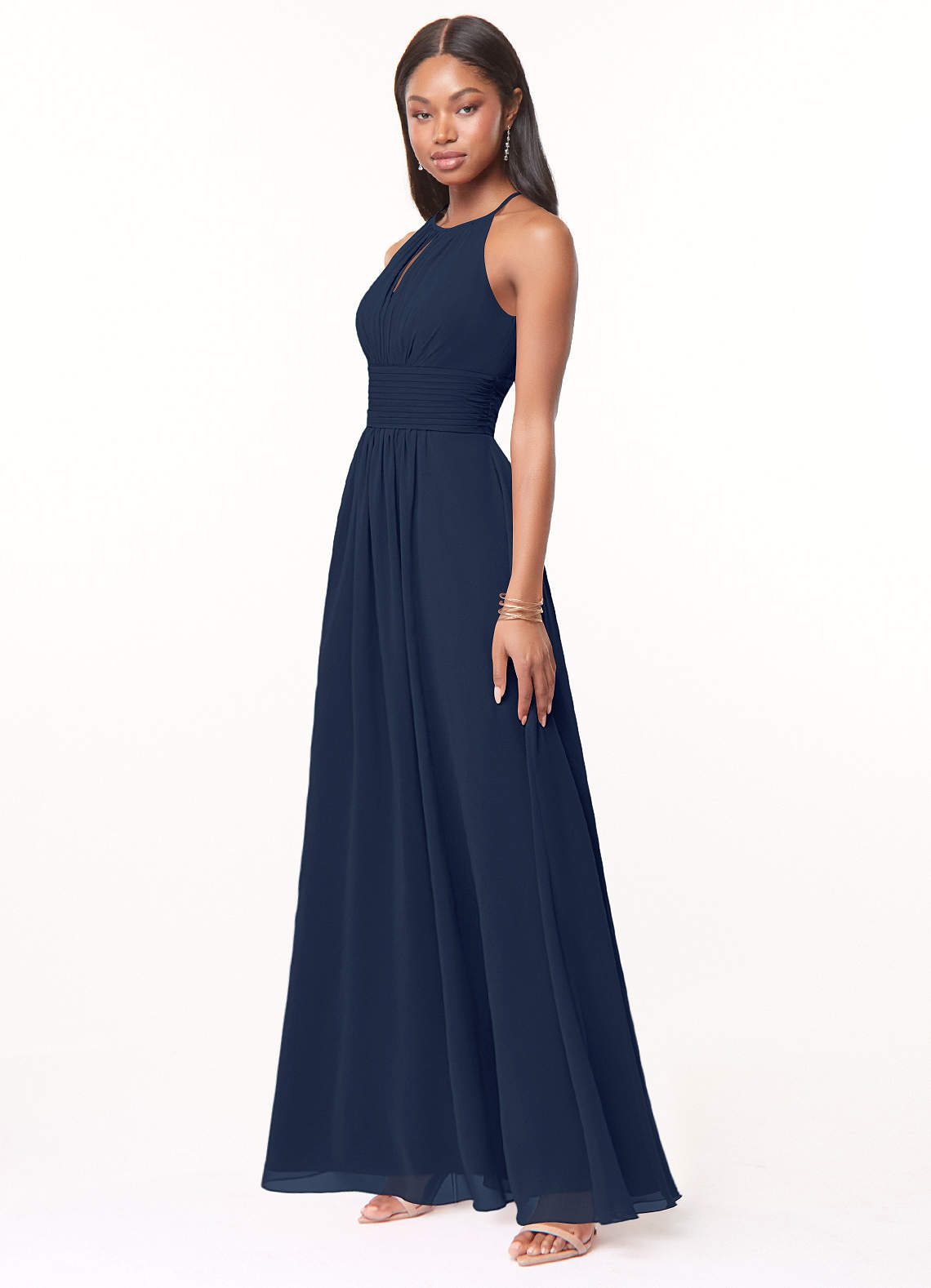 Azazie Bonnie At-home Try On Dresses Dark Navy A-Line Keyhole Ruched Chiffon Dress image2