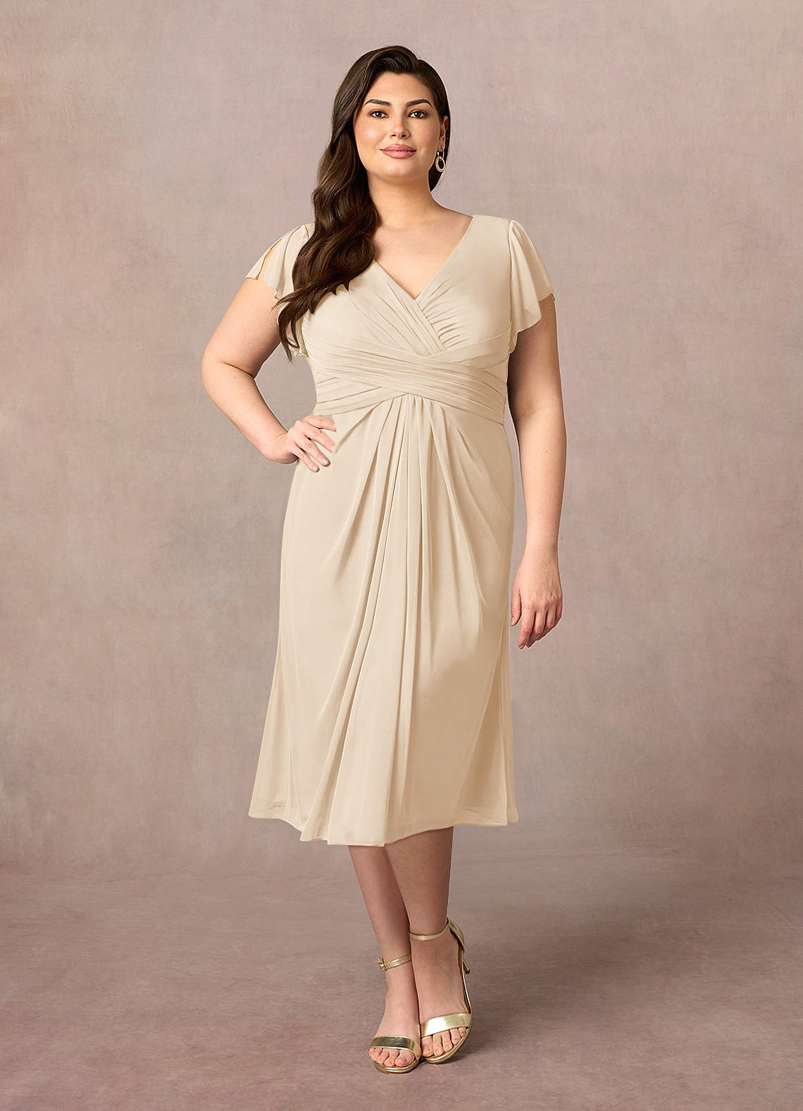 Azazie Vera Mother of the Bride Dresses Champagne A-Line V-Neck Pleated Mesh Dress image5
