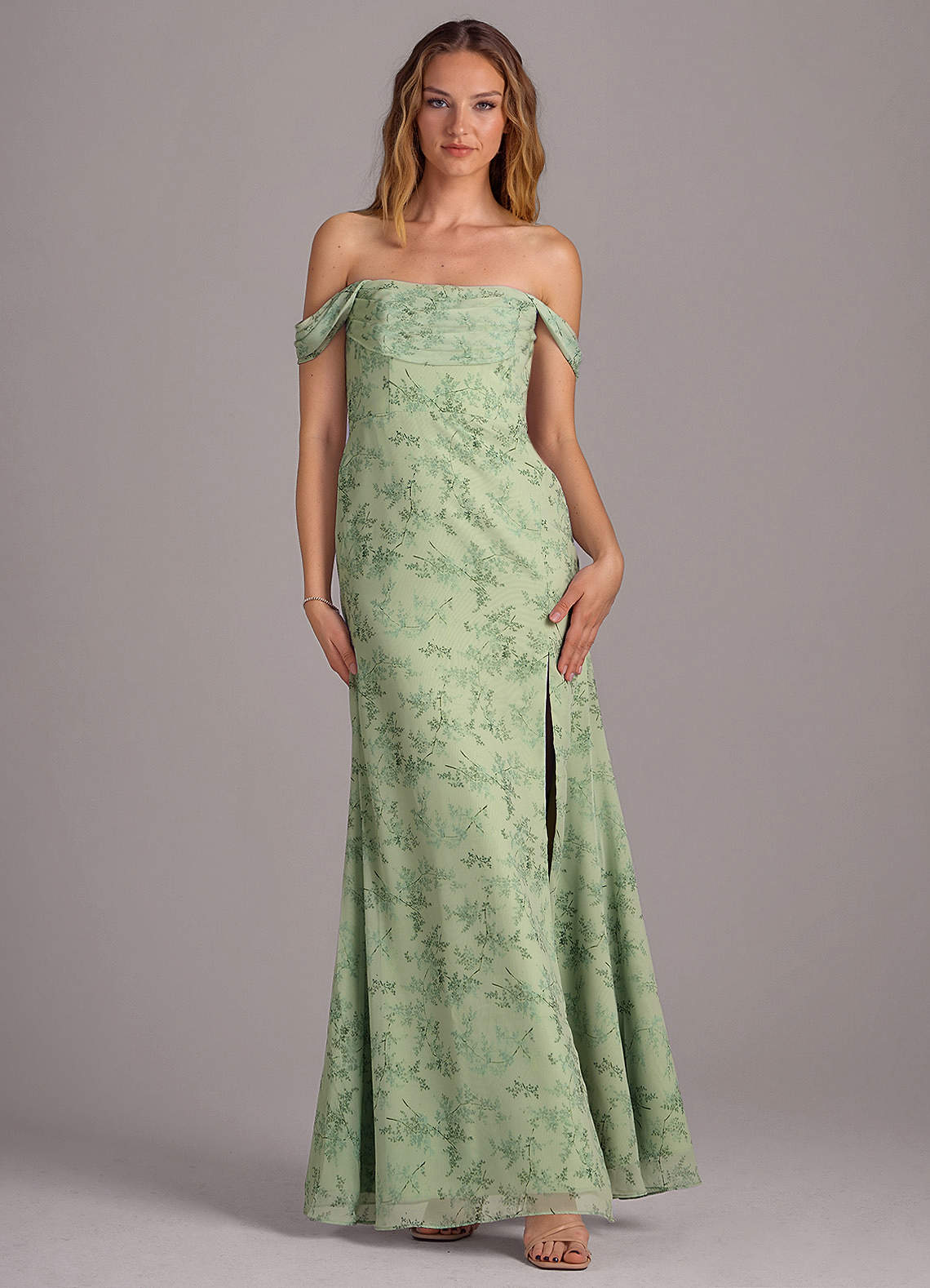 Azazie Saige Bridesmaid Dresses Green Fern Floral A-Line Off the Shoulder Chiffon Convertible Dress image3