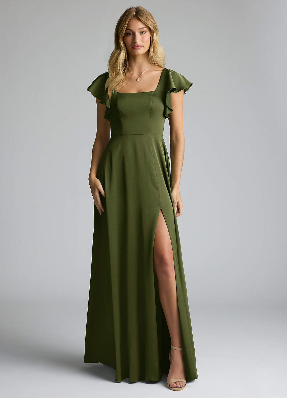 Azazie Bondi Bridesmaid Dresses Olive A-Line Bow Stretch Satin Dress image4