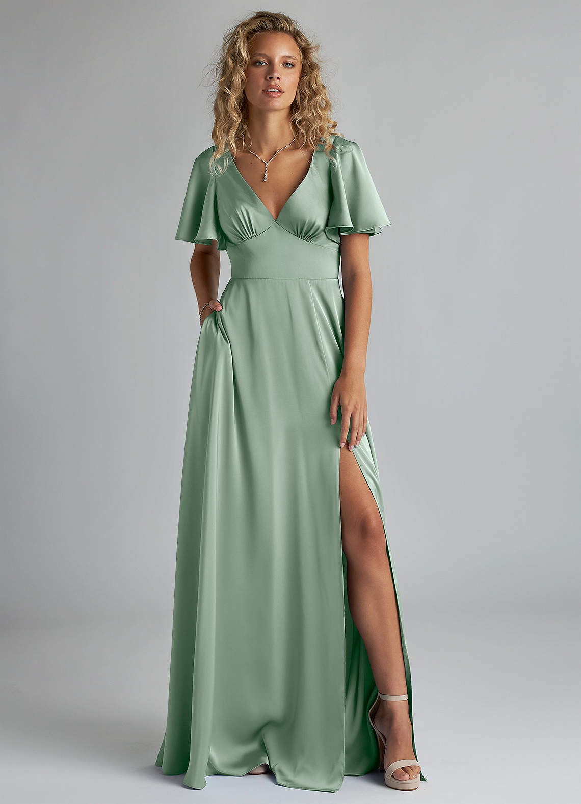 Azazie Kimber At-home Try On Dresses Agave A-Line Ruched Stretch Satin Dress image1